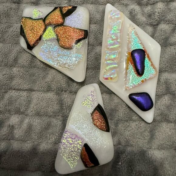 White Dichroic Art Glass Pieces – Iridescent Copper, Violet & Gold Accents - Picture 12 of 17